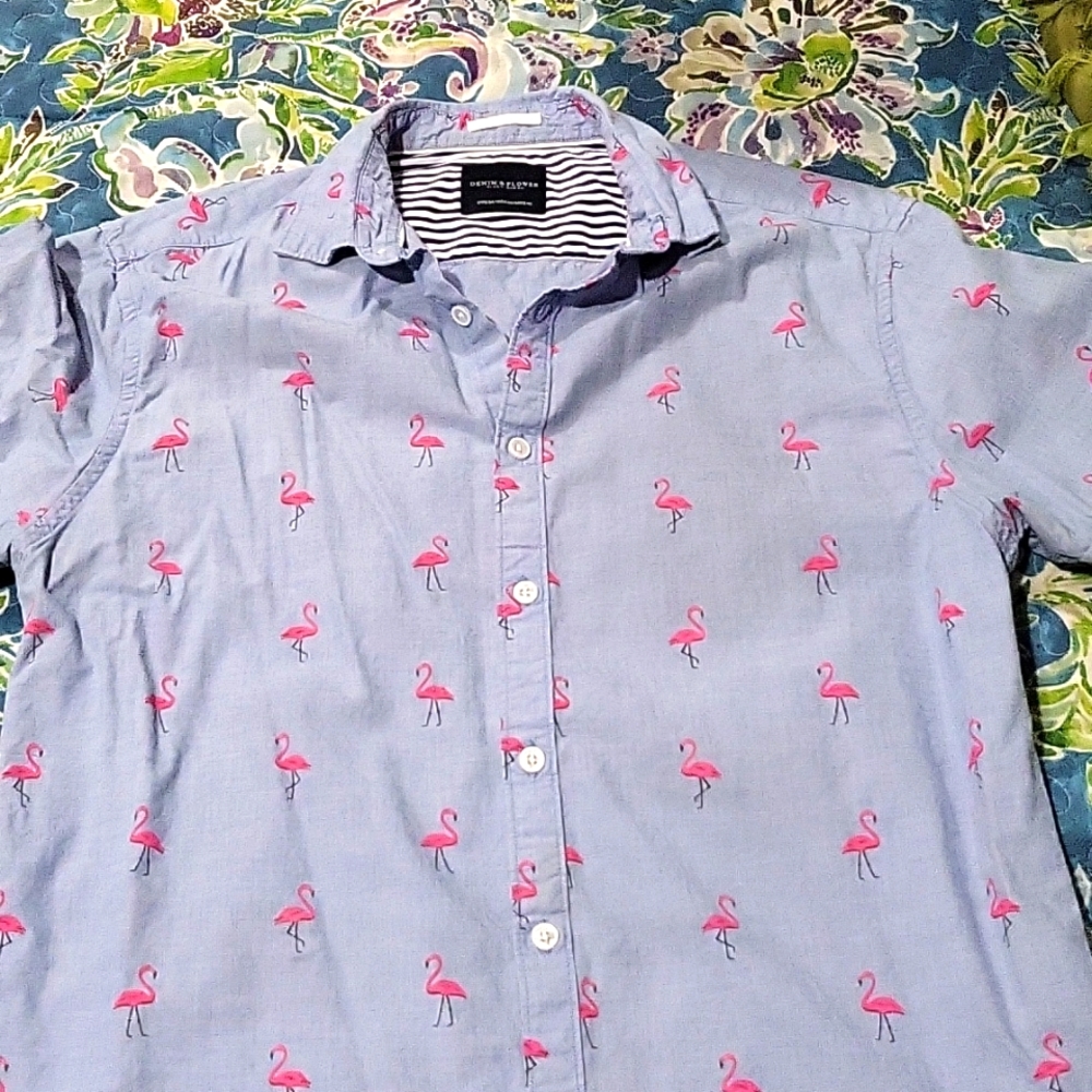 Sky Blue Flamingo button up by Denim and Flower Men's Medium